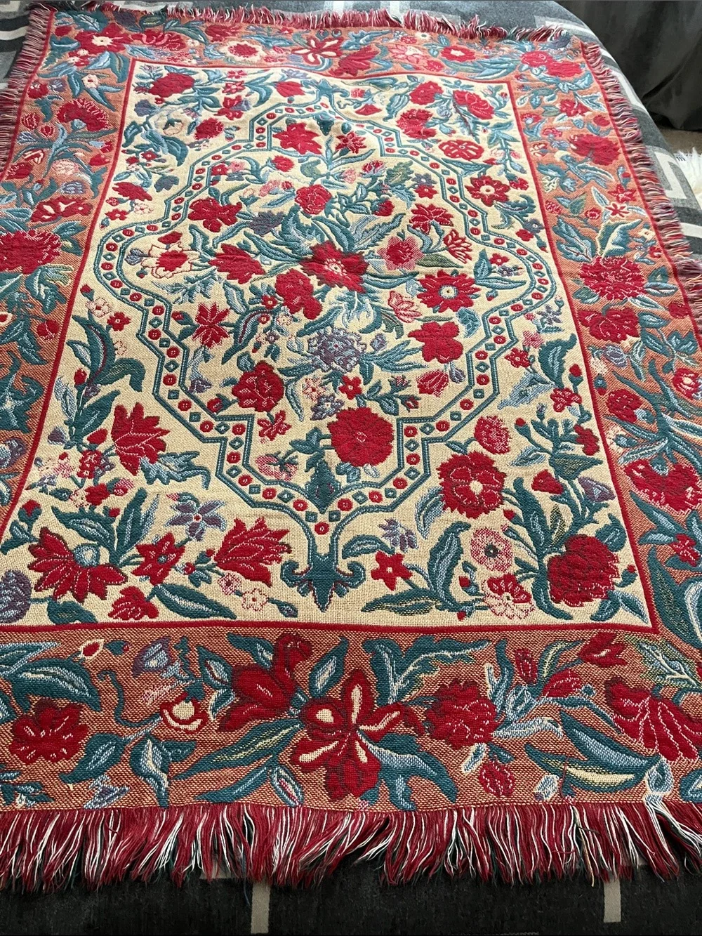 Vintage Colonial Williamsburg Red Floral Woven Throw Blanket with Teal Accents